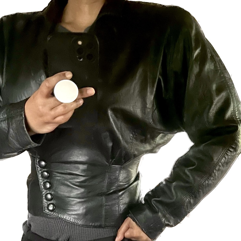 Wilson’s 80s 90s Puff sleeve Power Shoulder Leather Jacket Snap Corset Moto S - Picture 9 of 9